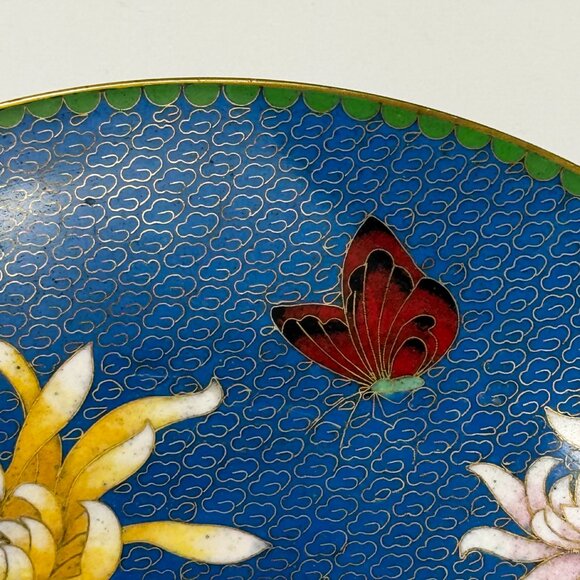 Vintage Japanese Cloisonne Jingfa Floral Enamel 9" Round Plate Turquoise Golden - Picture 7 of 15